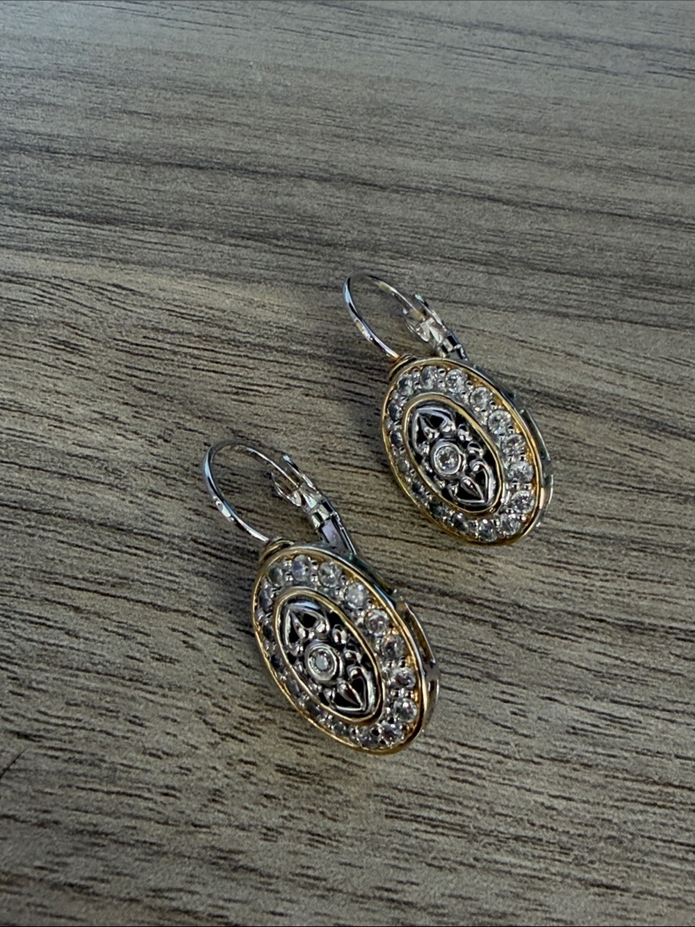 Two-Tone Gold and Silver Crystal Oval Drop Earrings